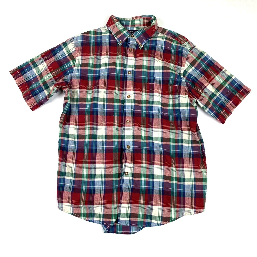 Lands End Shirt Mens L Short Sleeve‎ Plaid Red Green Blue Button Front